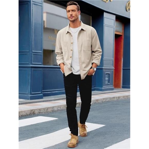 Men's Button Down Shirts Beige - Picture 5 of 7